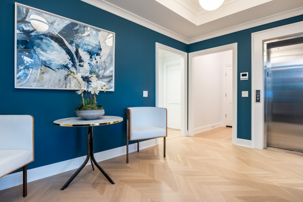 Cette image montre un hall d'entrée traditionnel de taille moyenne avec un mur bleu, parquet clair, une porte simple, un sol blanc et un plafond décaissé.