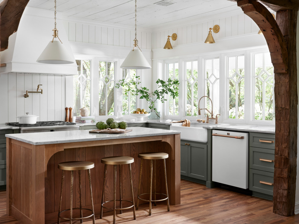 Small rural l-shaped enclosed kitchen in Other with a submerged sink, shaker cabinets, green cabinets, marble worktops, white splashback, tonge and groove splashback, white appliances, medium hardwood flooring, an island, multicoloured worktops and a timber clad ceiling.
