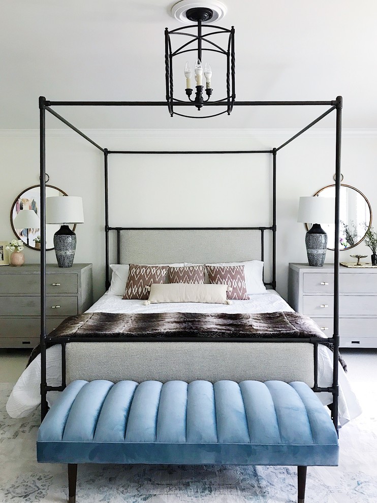 Inspiration for a large transitional master bedroom in San Francisco with white walls, carpet and beige floor.