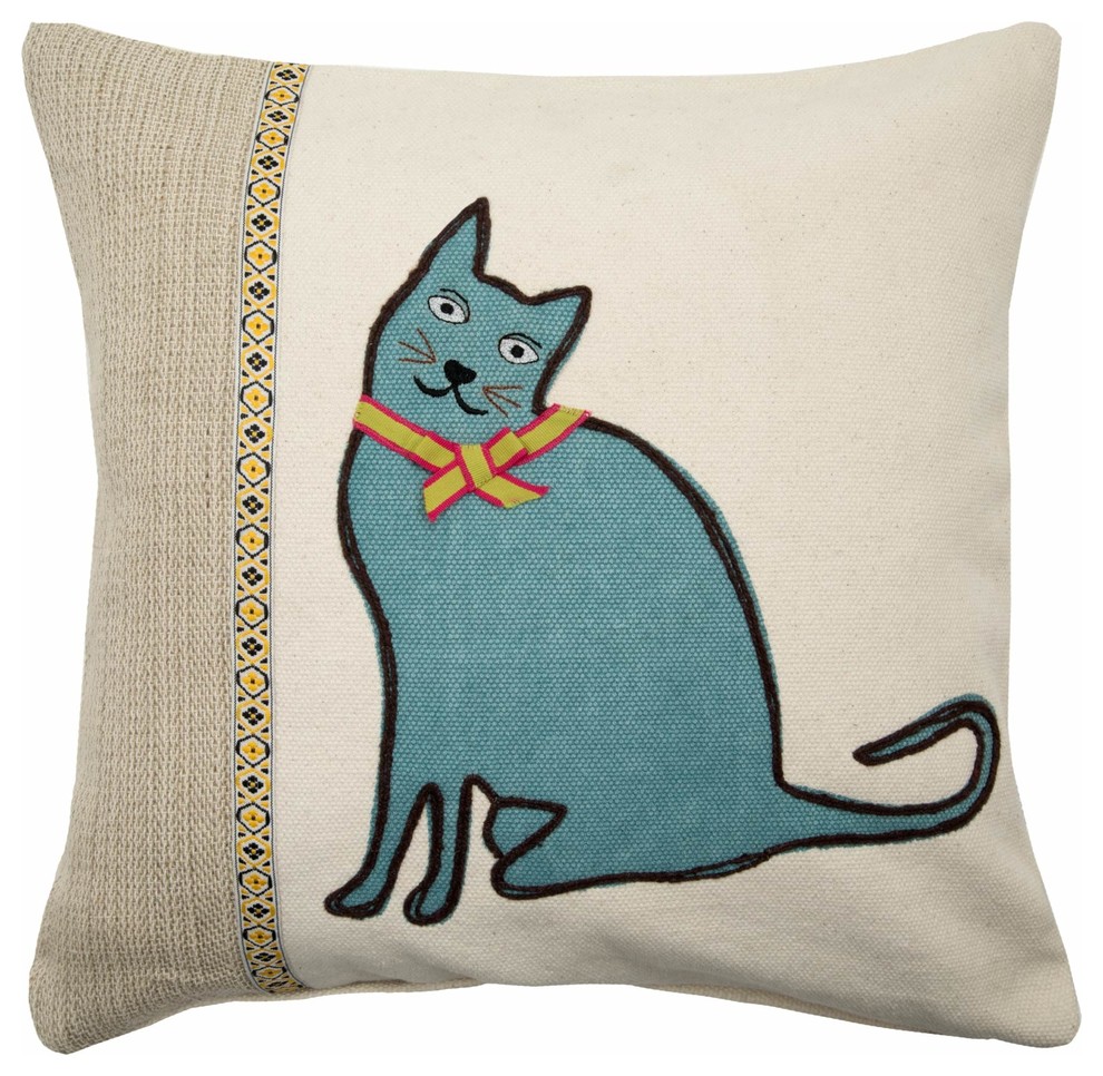 Pillow Cover Nice Cat, Natural and Blue, 15.7"x15.7"