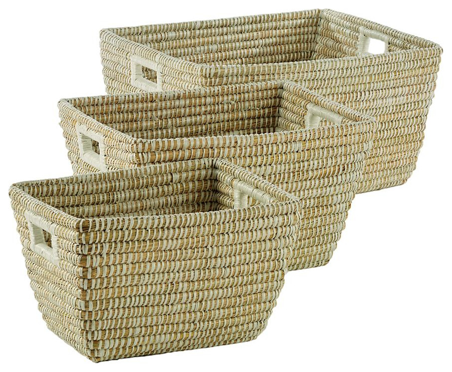 Set of 3 Woven River Grass Tote Storage Baskets Rectangle 23 20 16 in Natural