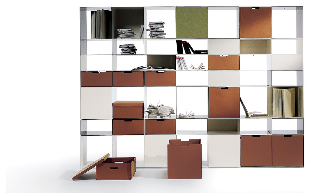 Inspiration for a contemporary vertical and 4-shelf home design remodel with an open back
