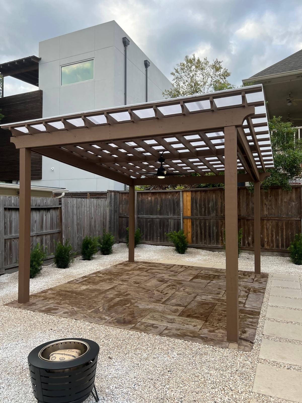 Beautiful stamped concrete patio with Pergola Cover on Haddon st!