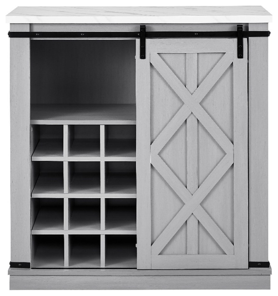 LIVILAND 37 in. Gray Buffet Bar Barn Door w/ Marbling Pattern Countertop Transitional