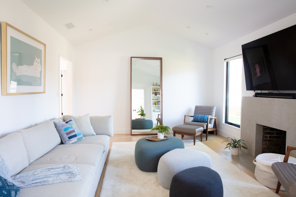 Источник вдохновения для домашнего уюта: изолированная гостиная комната среднего размера в современном стиле с белыми стенами, светлым паркетным полом, стандартным камином, фасадом камина из бетона, телевизором на стене и сводчатым потолком