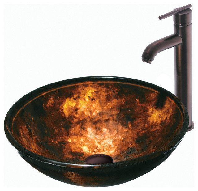 VIGO Brown and Gold Fusion Glass Vessel Sink and Faucet Set, Oil Rubbed