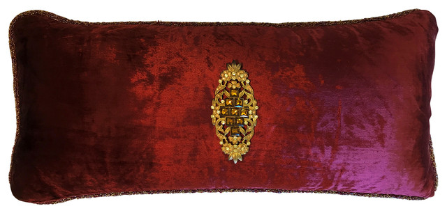 Burgundy Velvet Pillow With Gold Crystal Jewel Pin Contemporary