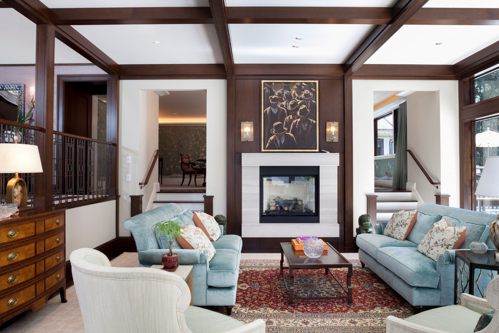 Inspiration for an expansive traditional living room in Boston with white walls, a standard fireplace and a stone fireplace surround.