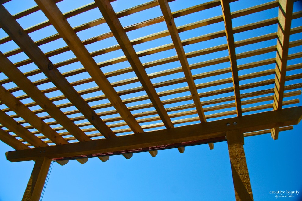 Mid-sized mountain style backyard deck photo in Denver with a pergola