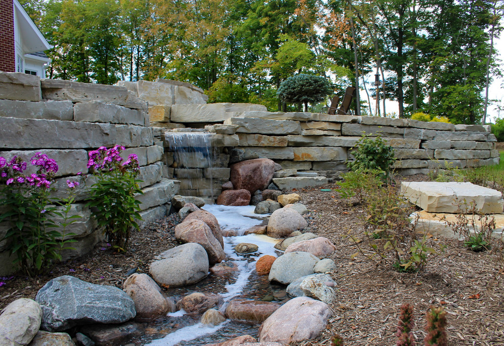 Design ideas for a mid-sized country backyard garden in Chicago with with pond.