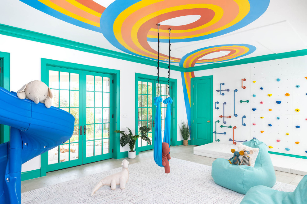 Arlington, VA Playroom - Inspiration for a contemporary gender-neutral gray floor and wallpaper ceiling playroom remodel in Boston with multicolored walls