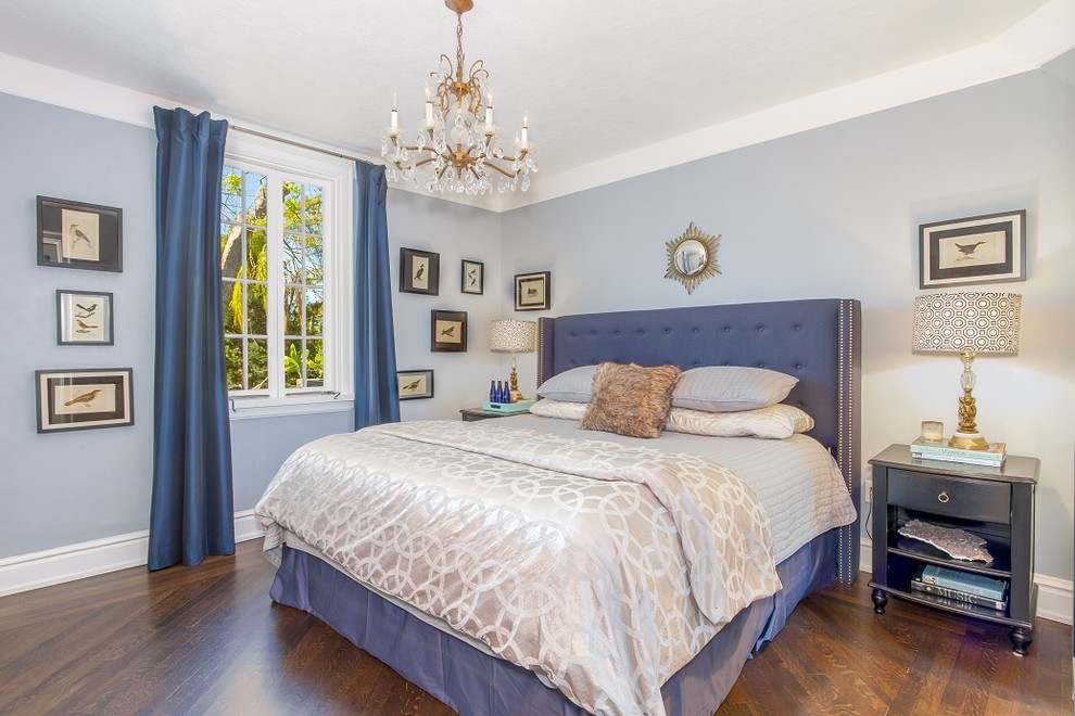 Photo of a transitional bedroom in Miami with blue walls, dark hardwood floors and no fireplace.