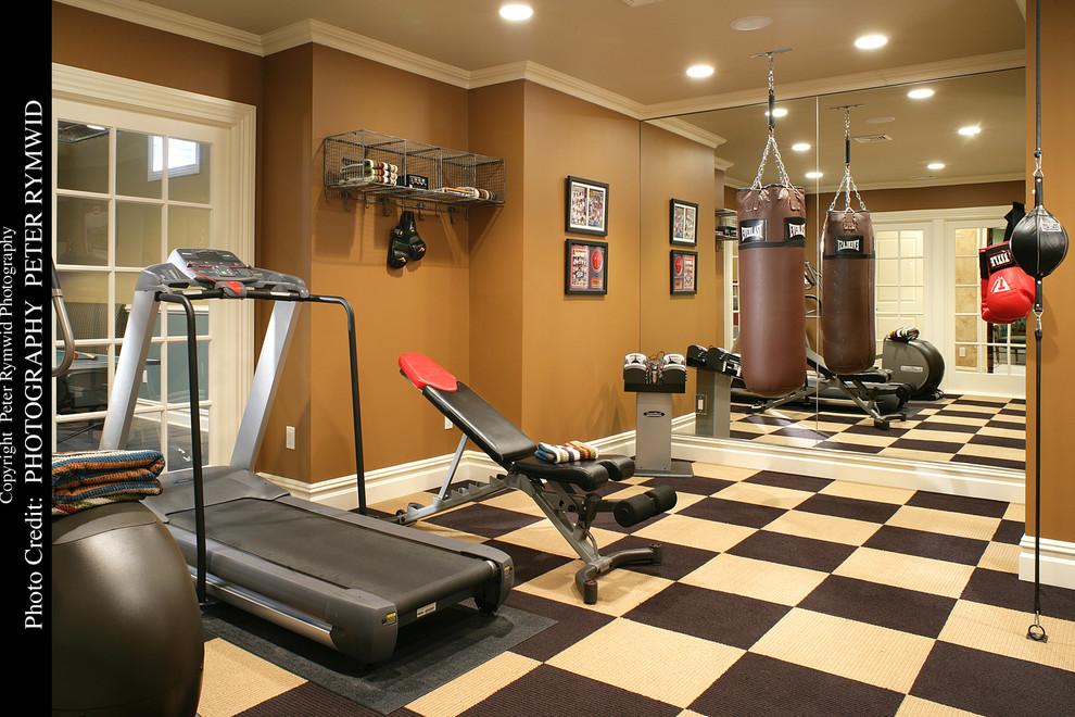 Inspiration for a traditional home gym in New York with multi-coloured floor.
