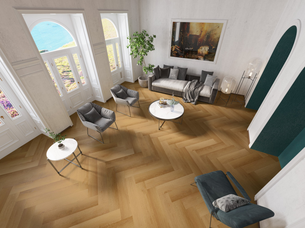 Modernes Wohnzimmer mit grauer Wandfarbe, Vinylboden, orangem Boden, Tapetendecke und Tapetenwänden