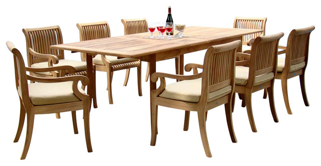9-Piece Teak Dining Set, 94" Extension Rectangle Table, 8 Giva Arm Chairs