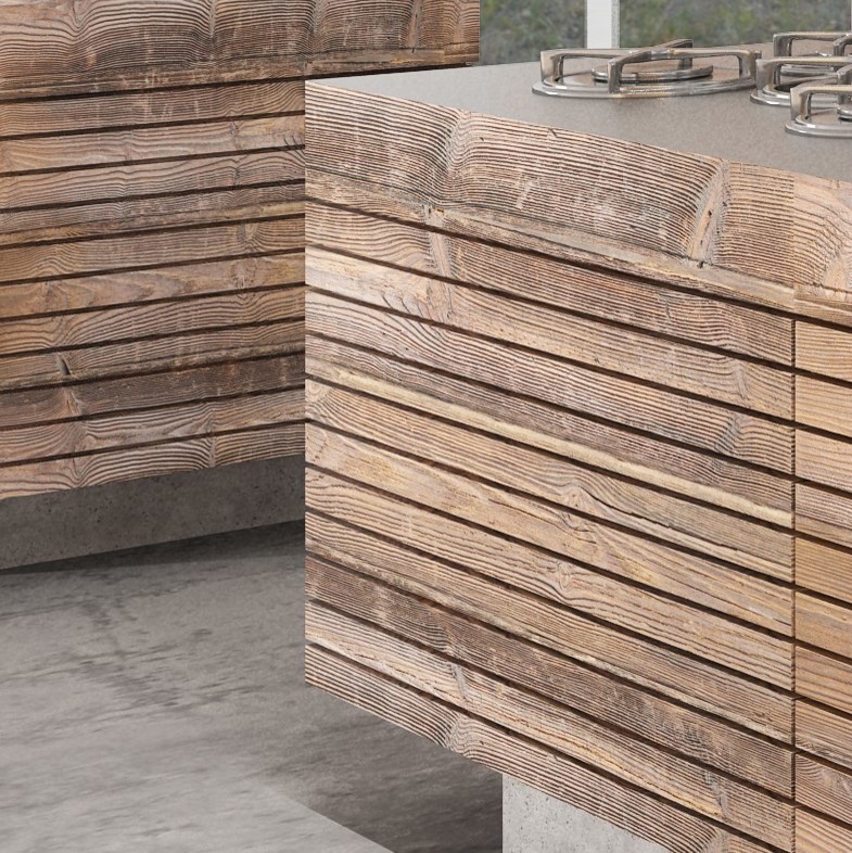 Кухня старого дерева в новом бетоне.