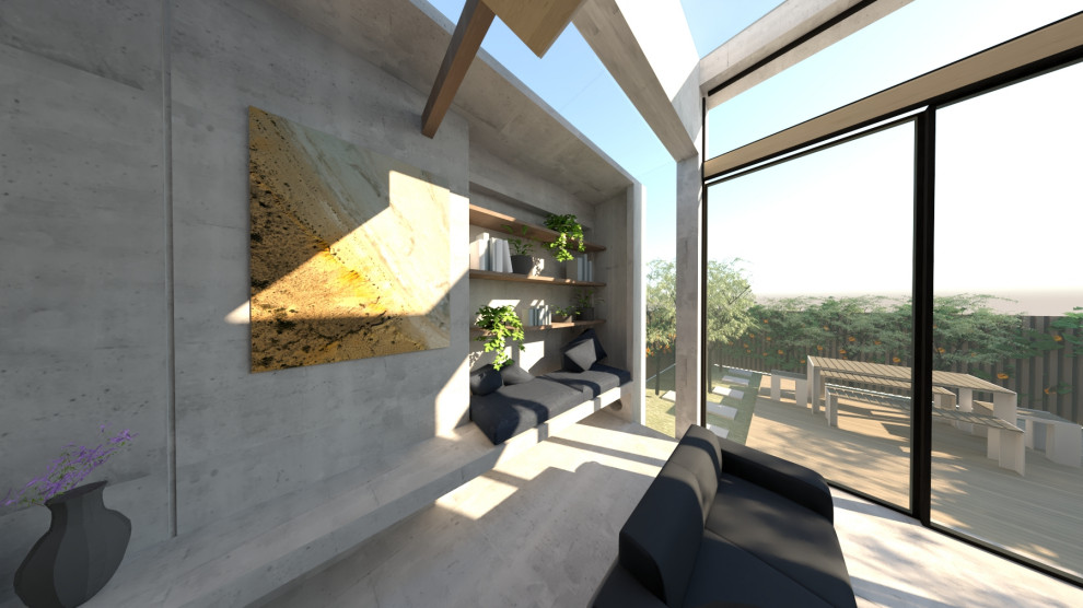 Immagine di un soggiorno minimal di medie dimensioni e aperto con camino classico, cornice del camino in legno, parete attrezzata e pavimento grigio