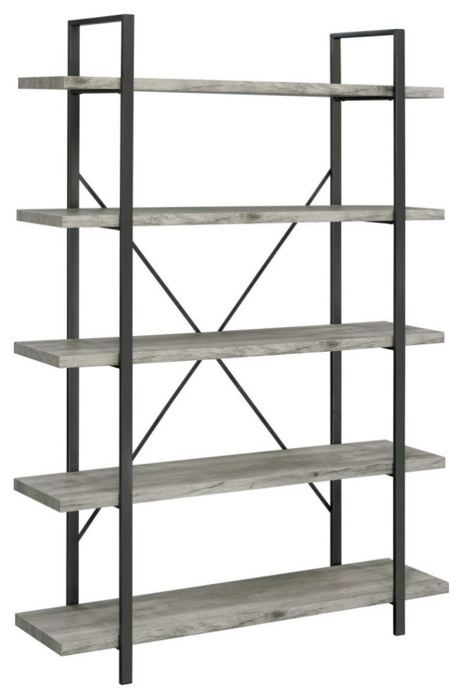 Ana 70" Wood Bookcase, 5 Shelves, Crossed Metal Design, Light Gray