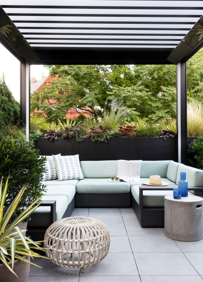 Idee per una grande terrazza classica sul tetto e sul tetto con un giardino in vaso, una pergola e parapetto in materiali misti