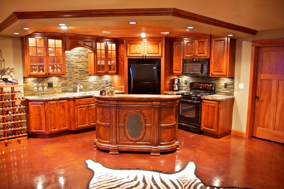 Inspiration for a mid-sized l-shaped concrete floor open concept kitchen remodel with a drop-in sink, raised-panel cabinets, medium tone wood cabinets, laminate countertops, multicolored backsplash, stone tile backsplash and stainless steel appliances