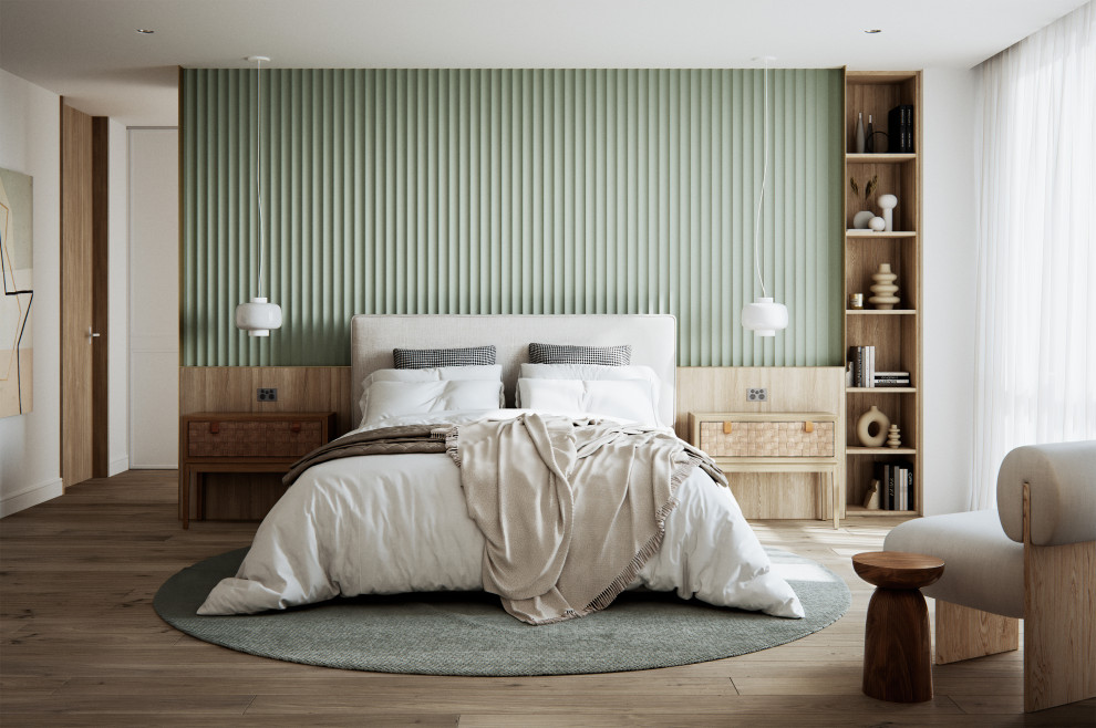 Photo of a large contemporary master bedroom in Sydney with green walls, no fireplace, beige floor, decorative wall panelling and medium hardwood floors.