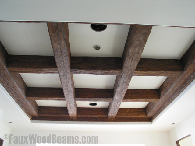 Coffered Faux Beam Ceiling Rustic Living Room New York