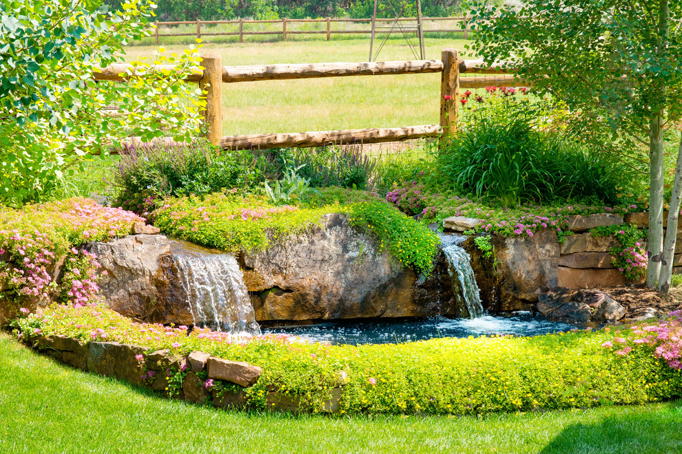 Large country front yard partial sun garden in Denver with with pond.