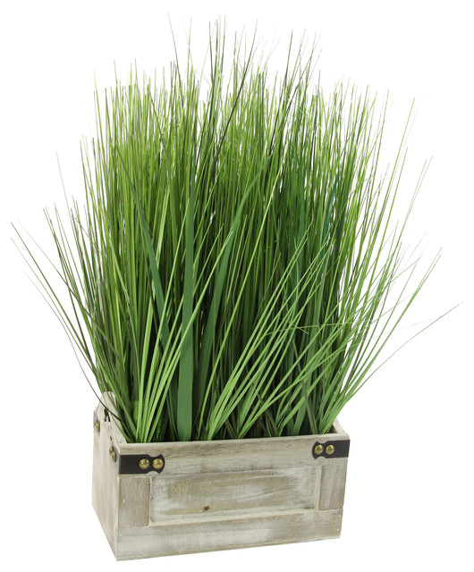 19" Tall Artificial Desktop Potted Grass With Wooden Planter, Green