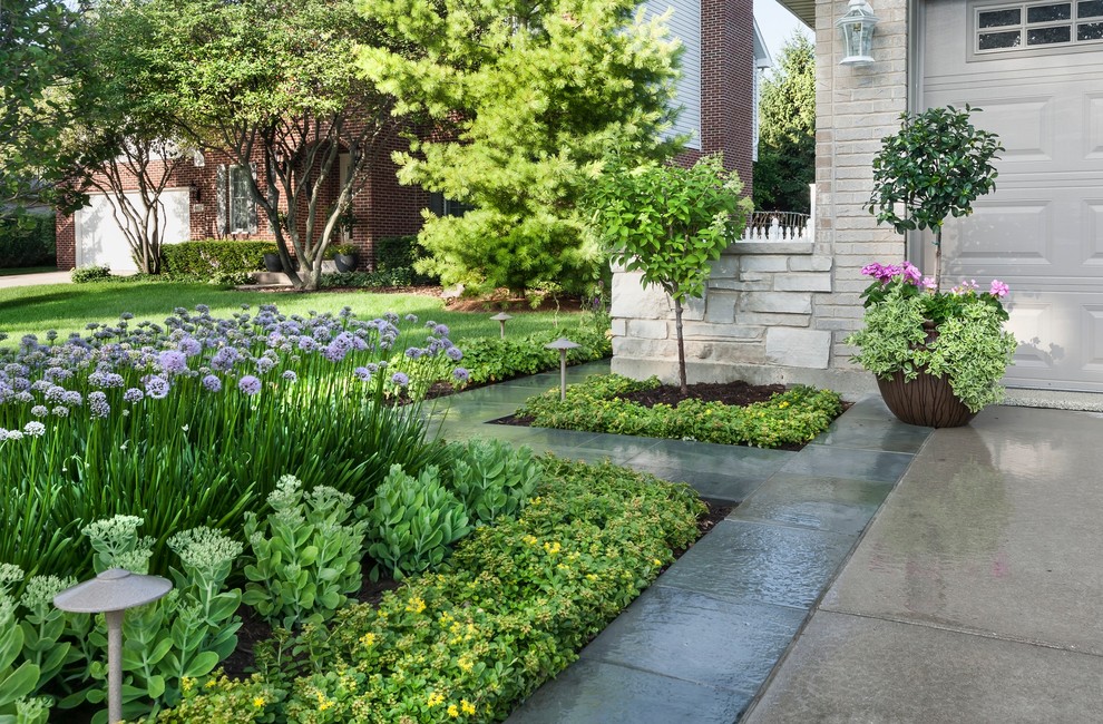 This is an example of a small contemporary side yard partial sun garden for summer in Chicago with a garden path and natural stone pavers.