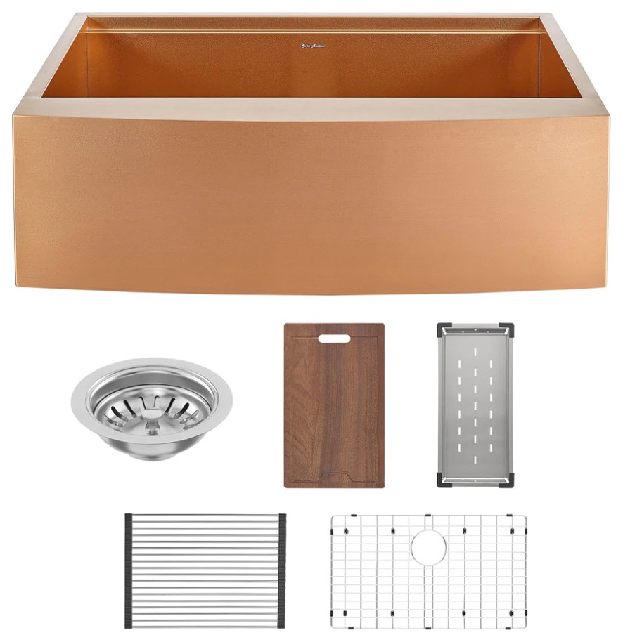 Tourner 33" x 22" Stainless Steel, Single Basin, Farmhouse Kitchen Workstation Sink with Apron in Rose Gold. Finishes: Gold, & Stainless Steel (SM-KS28RG)