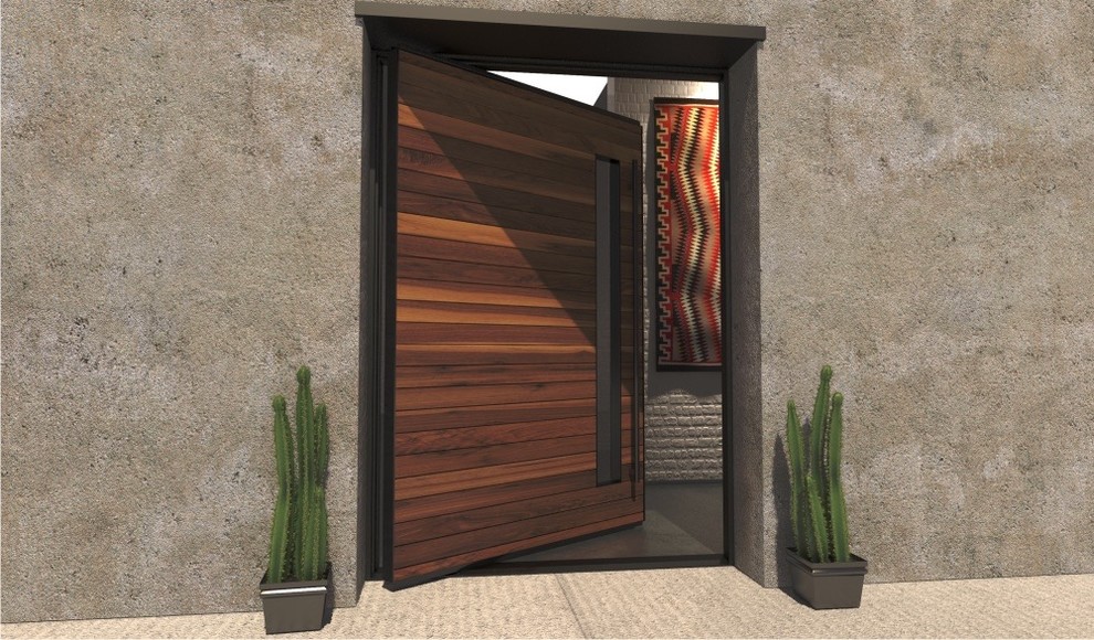 This is an example of a large modern front door in Los Angeles with a pivot front door and a dark wood front door.