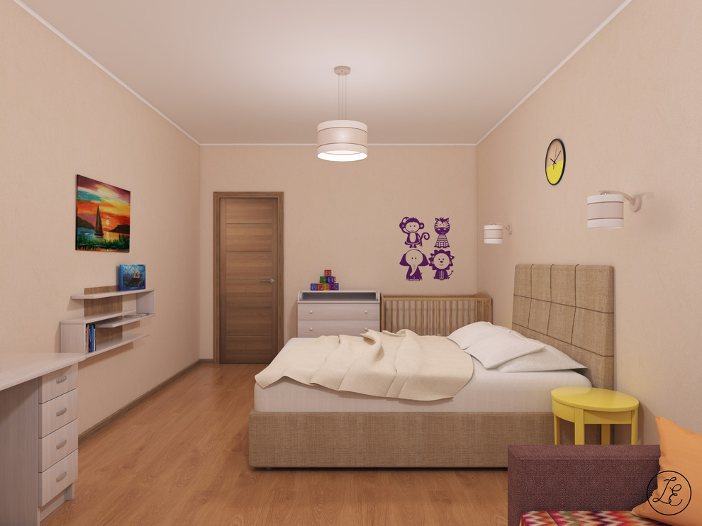Mid-sized contemporary master bedroom in Other with beige walls, laminate floors and orange floor.