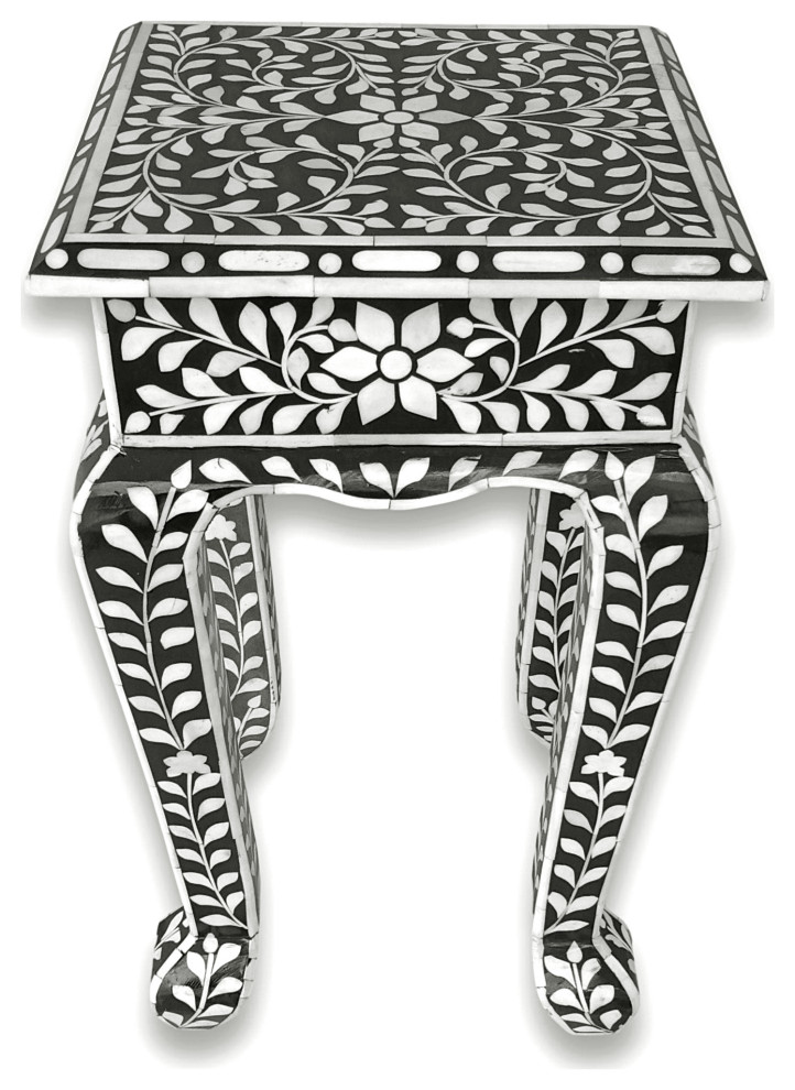 Floral Bone Inlay French Style 12 Inch Black & White Accent Table / End Table