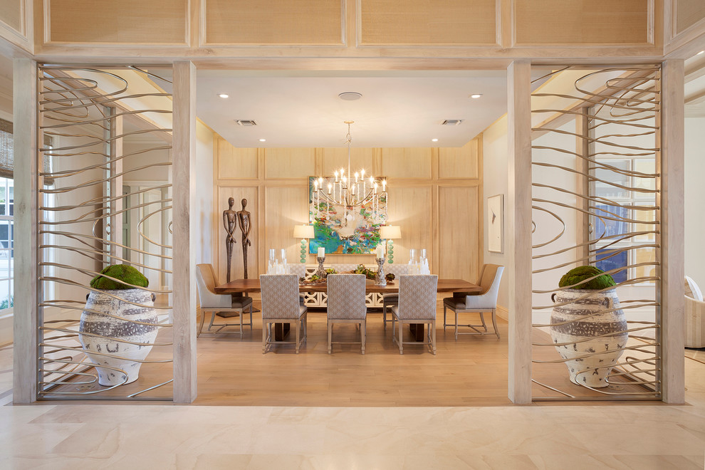 Expansive transitional open plan dining in Miami with beige walls.