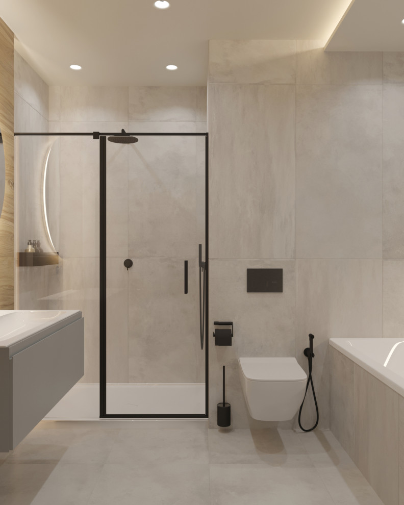 Design ideas for a mid-sized contemporary 3/4 bathroom in Moscow with flat-panel cabinets, grey cabinets, an alcove tub, an alcove shower, gray tile, ceramic tile, solid surface benchtops, a sliding shower screen, white benchtops, a single vanity and a floating vanity.