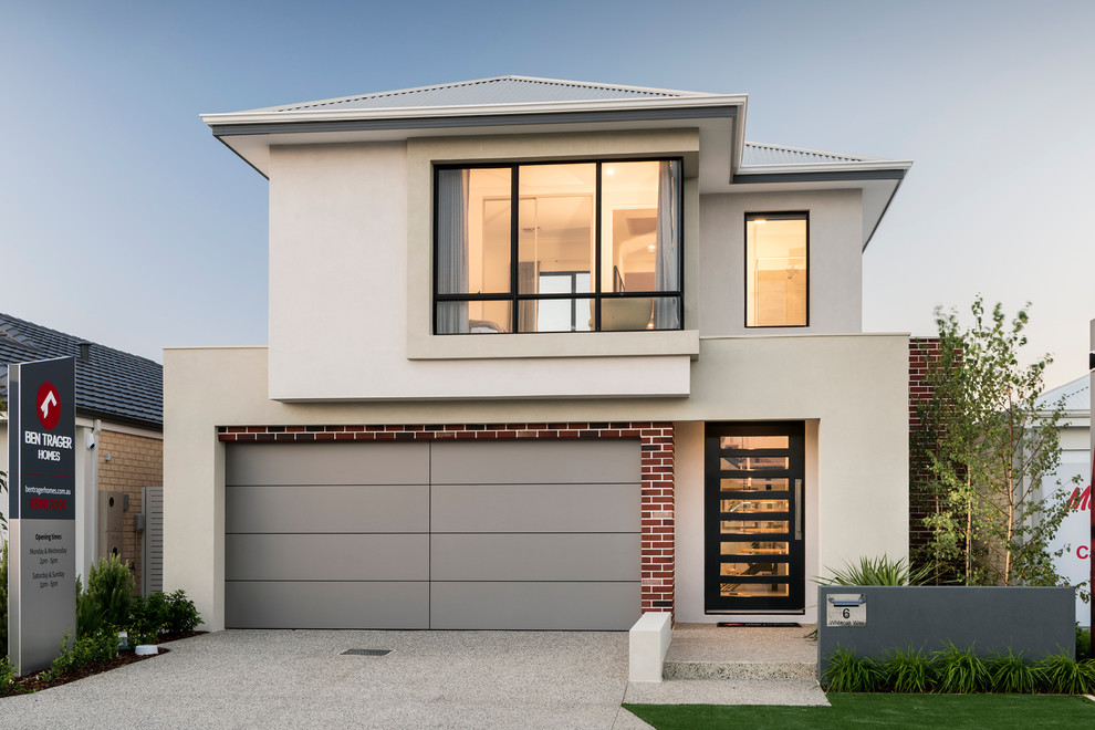 Design ideas for a mid-sized modern two-storey beige exterior in Perth with a hip roof.