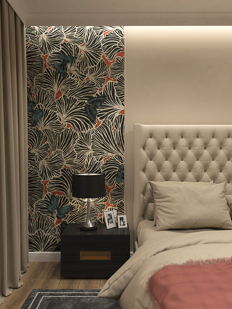 Спальня в бежевых тонах с бабочками