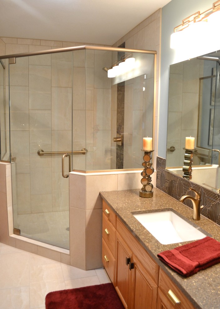 Design ideas for a mid-sized eclectic master bathroom in Other with medium wood cabinets, a corner shower, beige tile, porcelain tile, blue walls, porcelain floors, an undermount sink and engineered quartz benchtops.