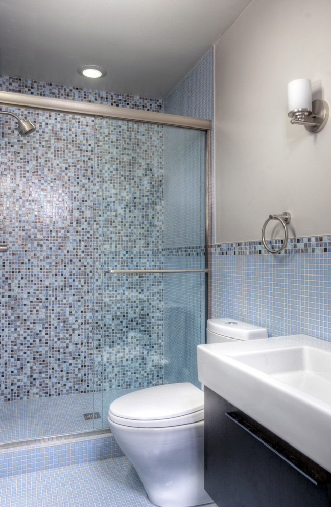This is an example of a contemporary bathroom in Philadelphia with mosaic tile.