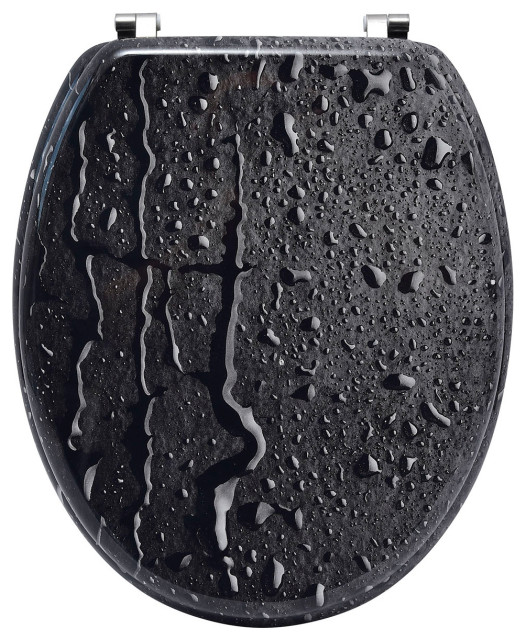 Elongated Toilet Seat Water Drops Effect 3 Printed Sides Black