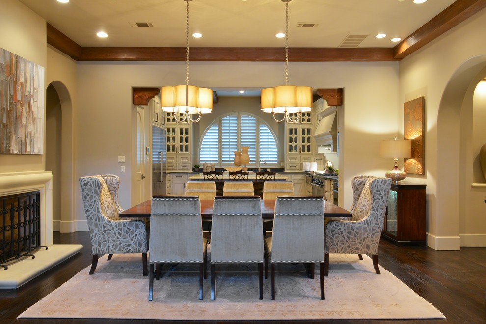 Photo of a mid-sized transitional open plan dining in Orange County with grey walls, dark hardwood floors and brown floor.