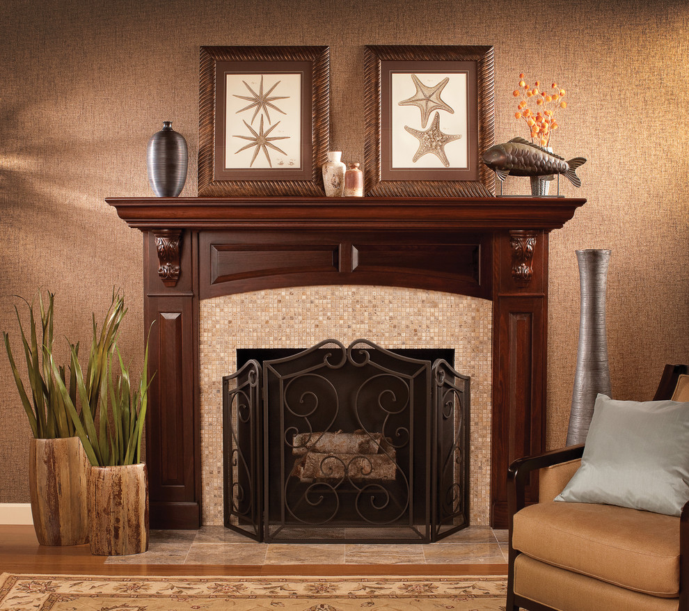 Traditional formal living room in Minneapolis with brown walls, medium hardwood floors, a standard fireplace and a tile fireplace surround.