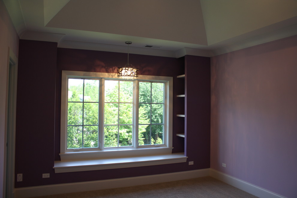 Photo of a large transitional bedroom in Chicago with purple walls and carpet.