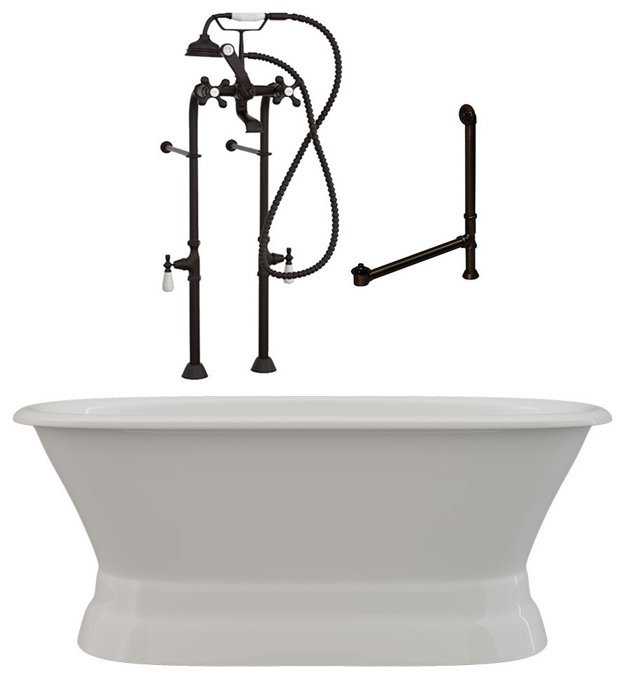 66" Double Ended Cast Iron Pedestal Tub, Freestanding Plumbing Package