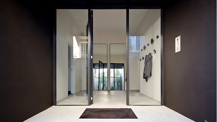 Inspiration for a large contemporary front door in Sydney with brown walls, concrete floors, a pivot front door and a glass front door.