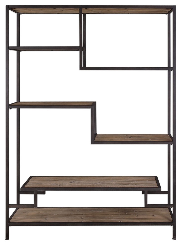 Extra Large Staggered Shelf Etagere, Book Shelves Open Industrial Wood Metal