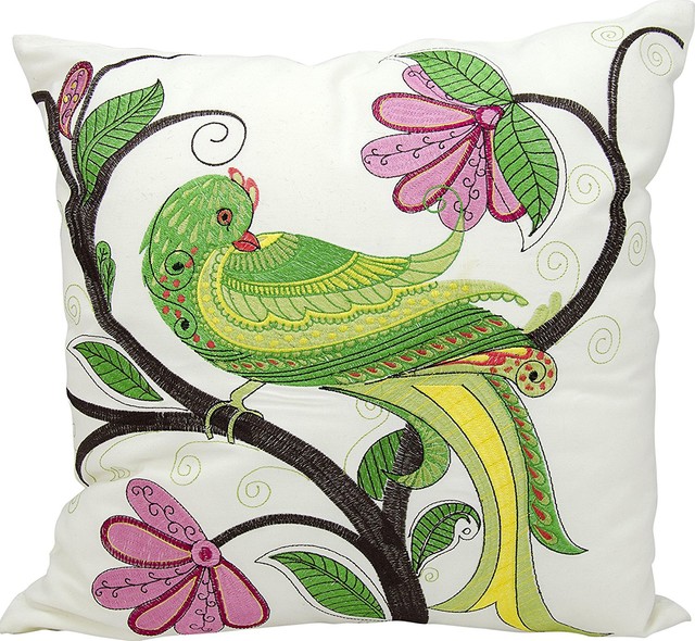 Kathy Ireland Whimsical Green Bird White Outdoor Throw Pillow