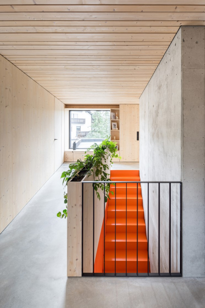 Moderner Flur mit Betonboden, grauem Boden, Holzdecke, Holzwänden und beiger Wandfarbe in Frankfurt am Main