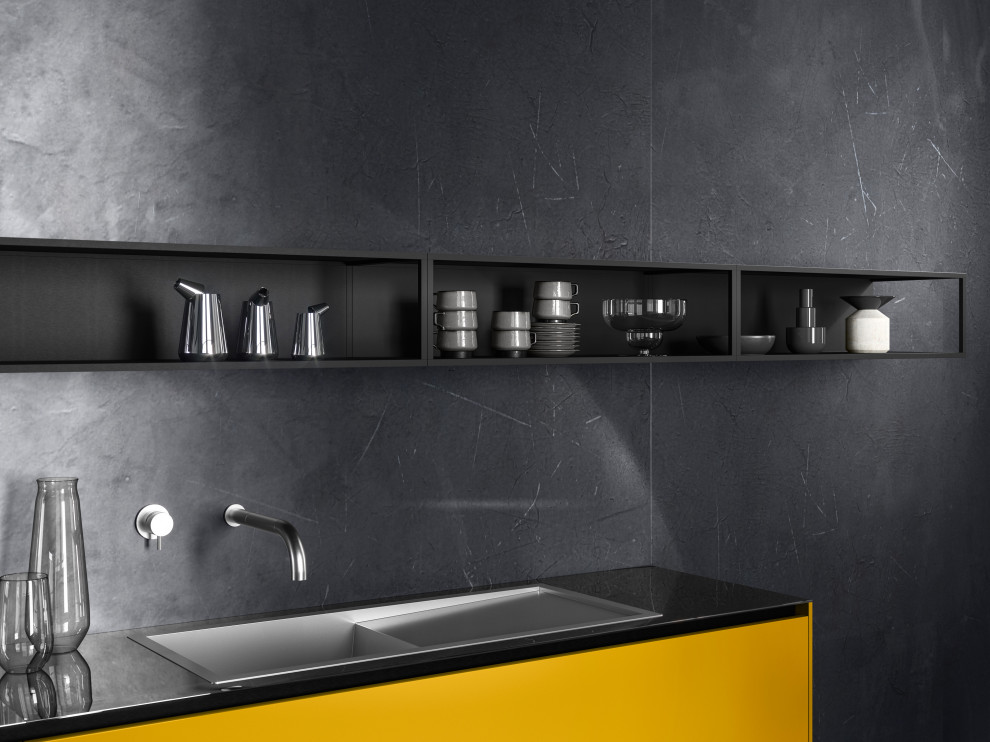 Photo of a mid-sized modern kitchen in Barcelona with an integrated sink, onyx benchtops, with island, grey benchtop, open cabinets and yellow cabinets.