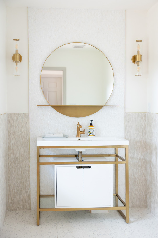Inspiration for a small nautical cloakroom in Orlando with freestanding cabinets, white cabinets, white tiles, mosaic tiles, white walls, terrazzo flooring, a pedestal sink, engineered stone worktops, blue floors, white worktops, a freestanding vanity unit and wainscoting.